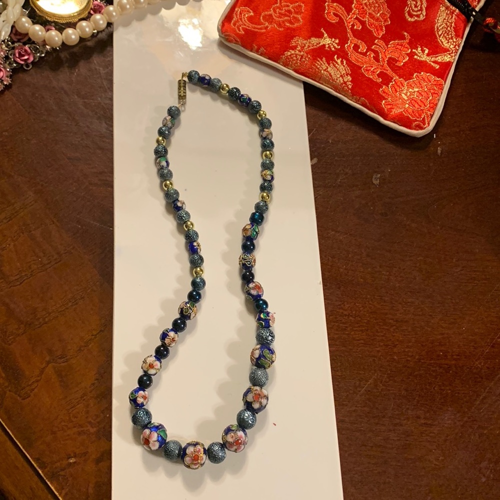 Blue Cloisonné And Silver Tone Beaded